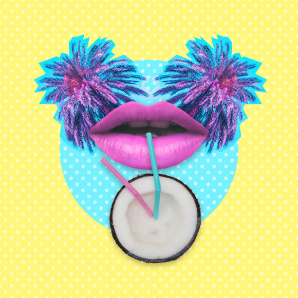 Woman lips drink milk or beverage from half of coconut by straws on palm trees background. stock photo