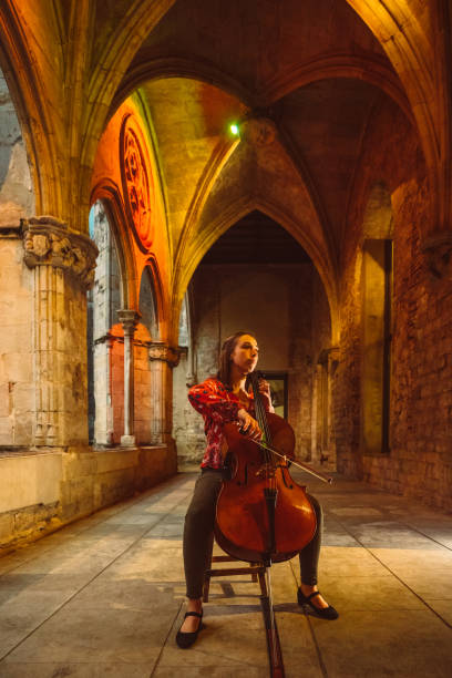 Woman playing cello stock photo