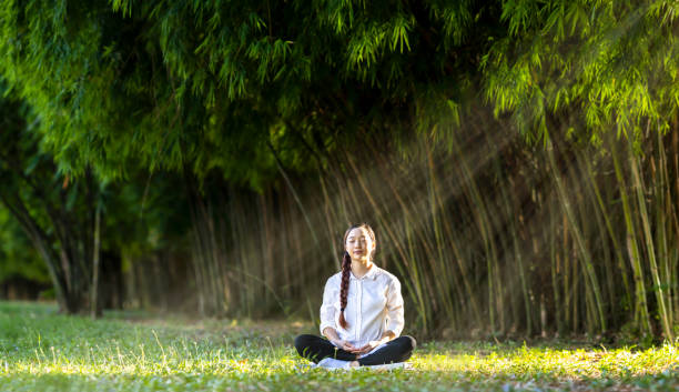 Woman relaxingly practicing meditation in the bamboo forest to attain happiness from inner peace wisdom for healthy wellness mind and wellbeing soul  concept stock photo