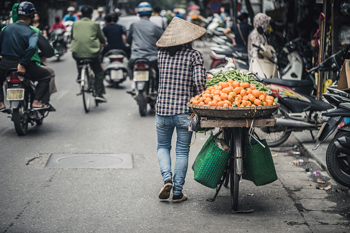 Hanoi, Vietnam - November 26, 2018: Woman seller of vegetables and fruits in a Vietnamese conical hat at the street of Hanoi