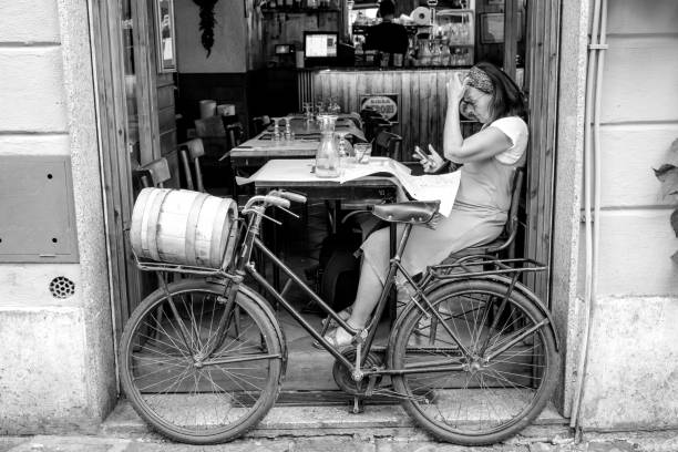 Fine Art Black & White Travel Photography of Bicycle in Italy Bicycle and Pastry Shop