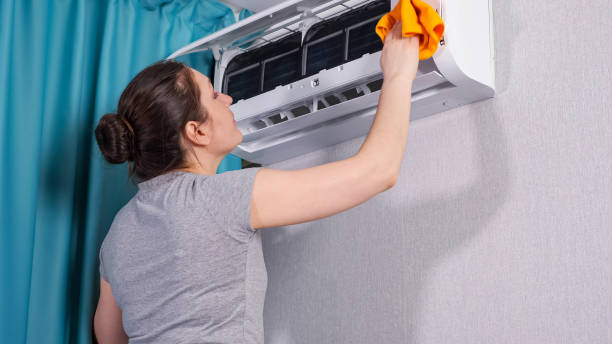 Woman sprays water on cloth and cleans air conditioner stock photo