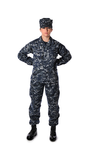 Woman Standing At Ease Wearing Navy Blue Digital Camouflage Stock Photo