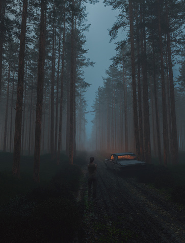 Woman standing in the spooky forest at night. This is entirely 3D generated image. Broken vehicle is a generic looking sedan from the 70s.