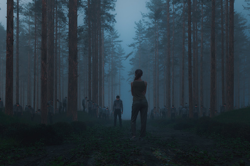 Woman standing in the spooky forest at night with hordes of inert zombies. This is entirely 3D generated image.