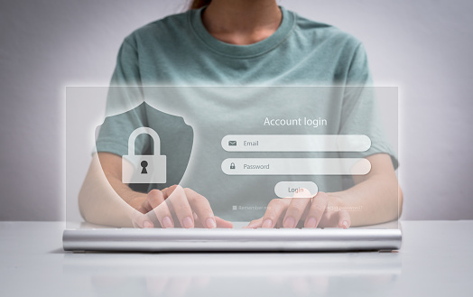 Woman using access window to log in entering password on laptop, Sign up username password Enter log in, Cyber protection, Information privacy. Protection Internet and technology Concept.
