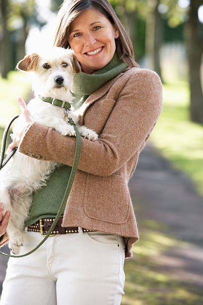 Woman Walking Dog Outdoors In Park stock photo