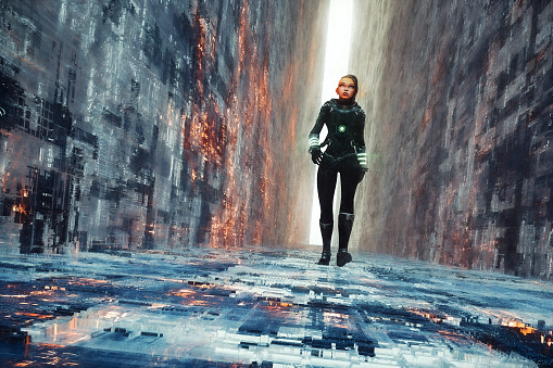 Woman walking in futuristic narrow street, 3D generated image.
