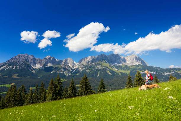 Woman walking with her dog`s in the kaiser mountains Springtime, Summer, Tyrol State, Hiking, Holiday with dog national dog day stock pictures, royalty-free photos & images