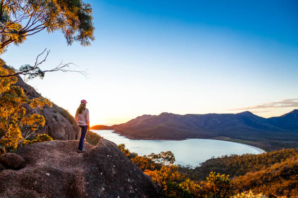 A woman watches sunrise at Wineglass Bay lookout, Freycinet National Park This lookout is a short walk from the main Hazards car park and a popular viewpoint. tasmania photos stock pictures, royalty-free photos & images