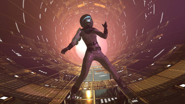 Woman wearing a space suit in a science fiction setting stock photo
