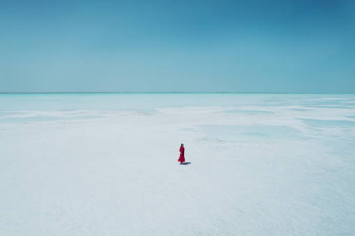 Aerial View Of Woman Wearing Red Dress Walking On Salt Lake / Qinghai, China