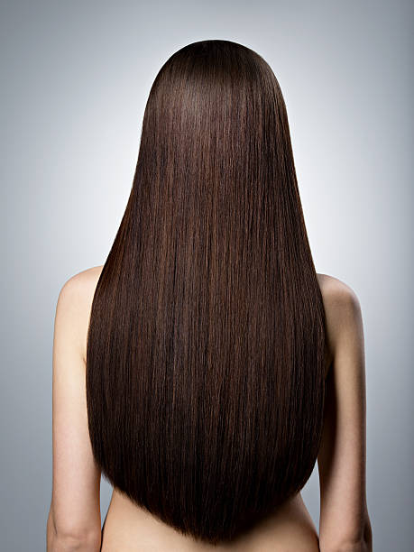Woman with long brown straight  hair. Rear view stock photo