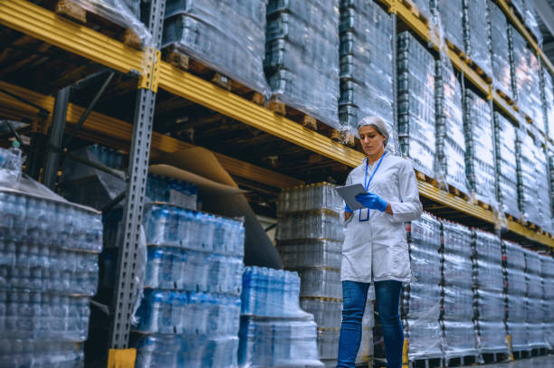 Woman working at a warehouse making an inventory stock photo