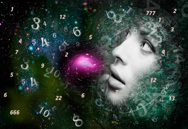 woman's face, universe and numerology - numerologia imagens e fotografias de stock