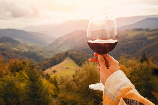 Woman's hand holding a glass of red wine with a beautiful view to autumn mountains