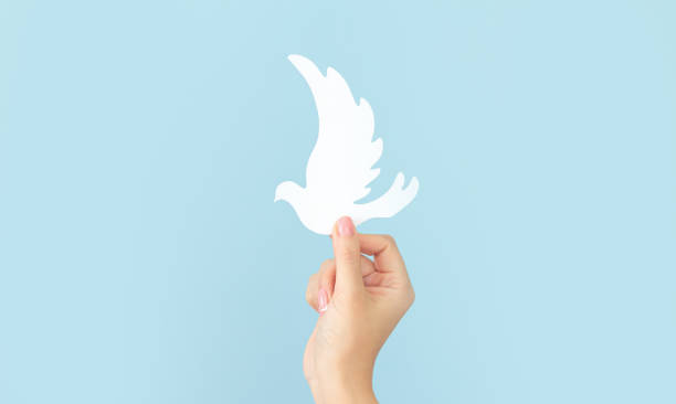 青い背景に白い紙鳩の鳥を持つ女性の手、平和の国際デー - 穏やか ストックフォトと画像