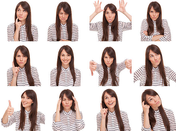 Women faces Pretty woman making twelve different facial expressions. All the images are isolated on white emotional series stock pictures, royalty-free photos & images