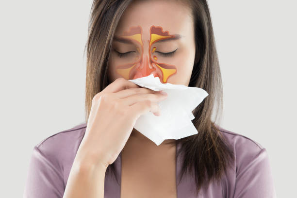 Women feeling unwell and sinus on gray background stock photo