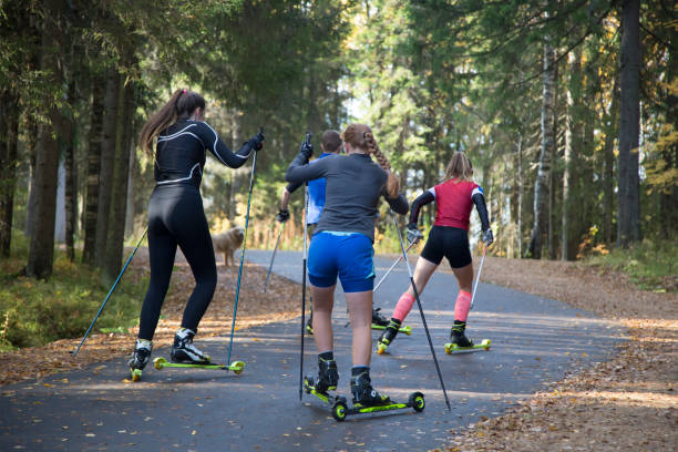 Women ride roller skis stock photo