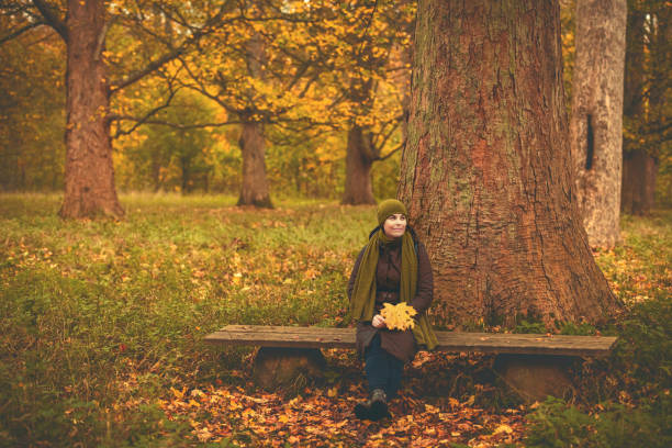 Women sits at bench near big tree in autumn forest stock photo