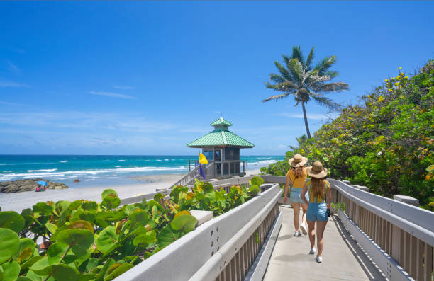 Women walking on boardwalk to beautiful Florida beach. stock photo