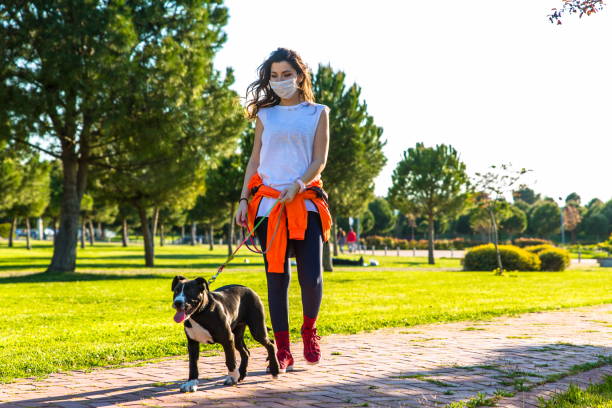 Women walking with her dog in park Woman With A Face Mask Walking Her Dog In Park. walking stock pictures, royalty-free photos & images