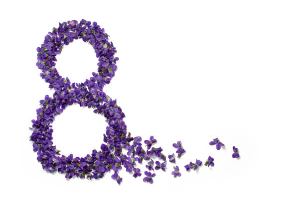 womens dag kaart. 8 maart wenskaart. nummer acht vorm violet bloemen geïsoleerd op witte achtergrond. sjabloon voor wenskaart, webdesign - womens day stockfoto's en -beelden