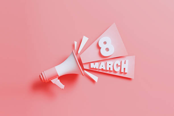 Eight March Women's Day coming out from a pink megaphone on pink background. Horizontal composition with copy space. Great use for international women's day concepts.