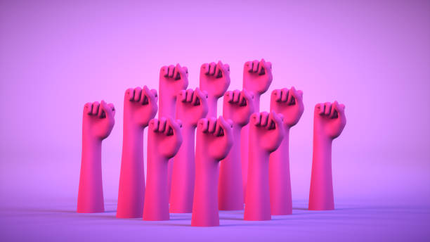 Women's Day female hand fist girl power, 3d render, color gradient background