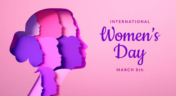 Women's Day poster with silhouettes of multicultural women's faces in paper cut and copy space, 3D illustration. Females for feminism, independence, sisterhood, empowerment, activism for women rights stock photo