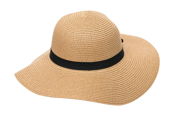 여자 여름 노란 흰색 배경에 고립 된 리본 밀 짚 모자 - 밀짚 모자 뉴스 사진 이미지
