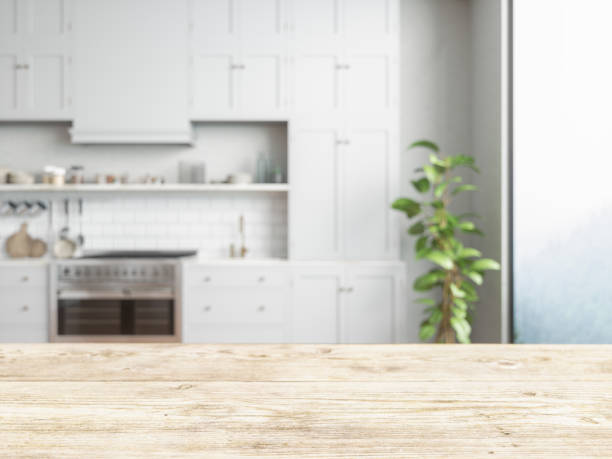 деревянная пустая поверхность и кухня в качестве фона - kitchen стоковые фото и изображения