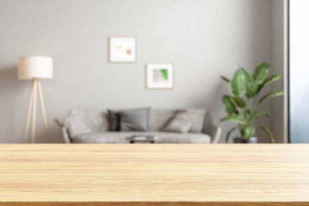 superficie vuota in legno e soggiorno come sfondo - tavolo foto e immagini stock