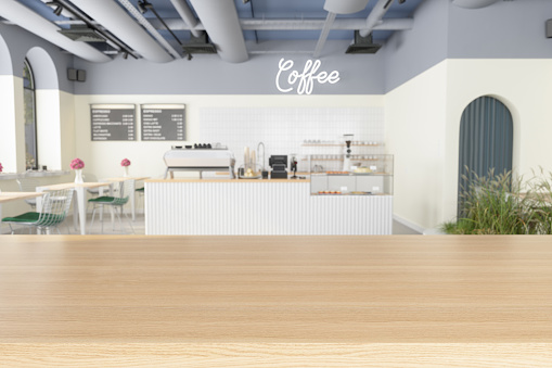Wood Empty Surface With Empty Coffee Shop Background
