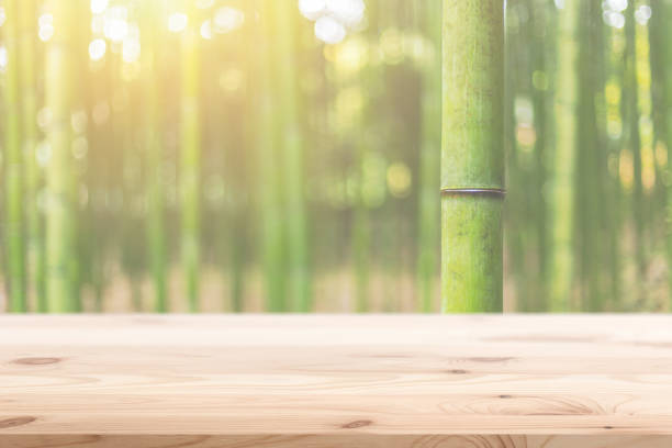木製フォア グラウンドでぼかし自然のディスプレイ製品竹森背景デザイン - wood table ストックフォトと画像
