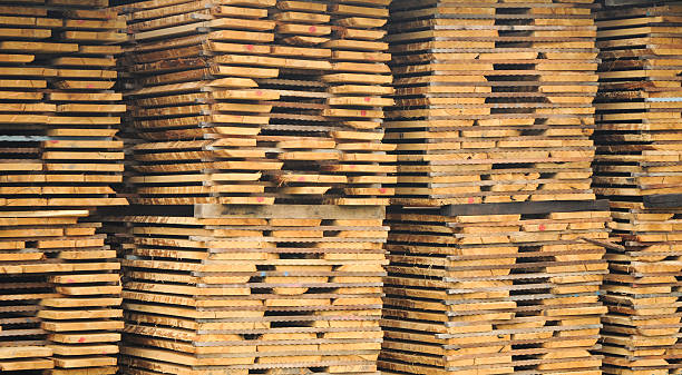 wood planks stored outside for further processing or expedition stock photo