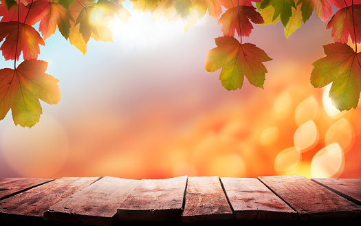A wood table, tabletop product display with a golden autumn sunset sky and leaves background for seasonal, autumnal thanksgiving images.