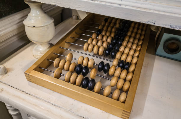 Wooden abacus on an old sideboard stock photo