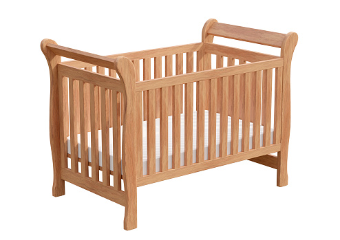 wooden baby cot isolated on white background. 3D rendering