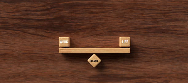 木塊形成作為蹺蹺板與文字工作，生活和平衡 - 3d渲染插圖 - 生活平衡 插圖 個照片及圖片檔