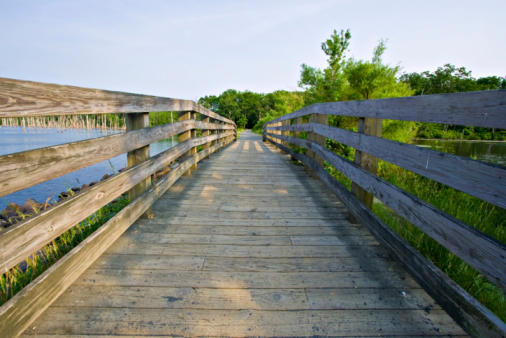 A wooden bridge at Manaquan Reservoir in Manasquan, New Jersey