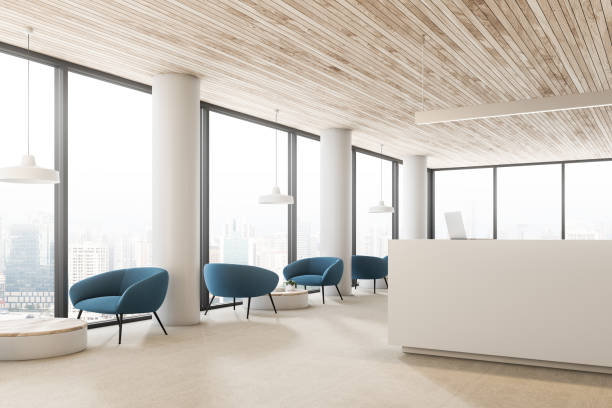 Wooden ceiling reception hall, armchairs side view White walls and columns office reception hall with wooden ceiling, white reception desk with a laptop and blue armchairs near round coffee tables. 3d rendering copy space office lobby stock pictures, royalty-free photos & images