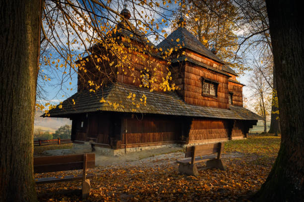 Wooden church located in the village of Smolnik, Bieszczady region, Poland. St. Michael Archangel's Church in Smolnik -  wooden church from the 19th century, former Orthodox temple, located in the village of Smolnik, part of the UNESCO World Heritage Sites. bieszczady mountains stock pictures, royalty-free photos & images