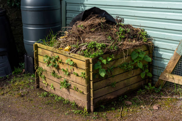 Wooden compost bin full of rotting vegetation garden waste stock photo