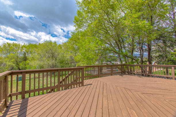 Wooden deck with cloudy skies and green trees stock photo