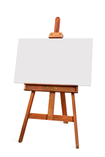 Wooden easel with blank canvas on white background
