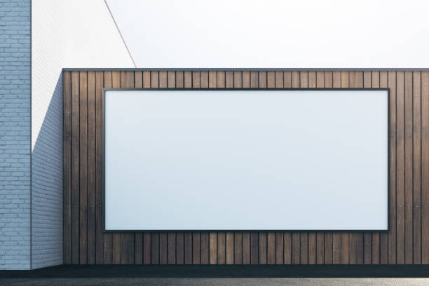 деревянный экстерьер с белой рамой спереди - billboard mockup стоковые фото и изображения