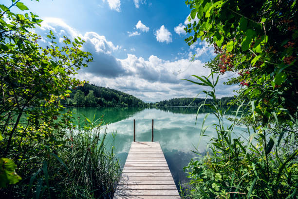 Wooden footbridge at an austrian lake stock photo
