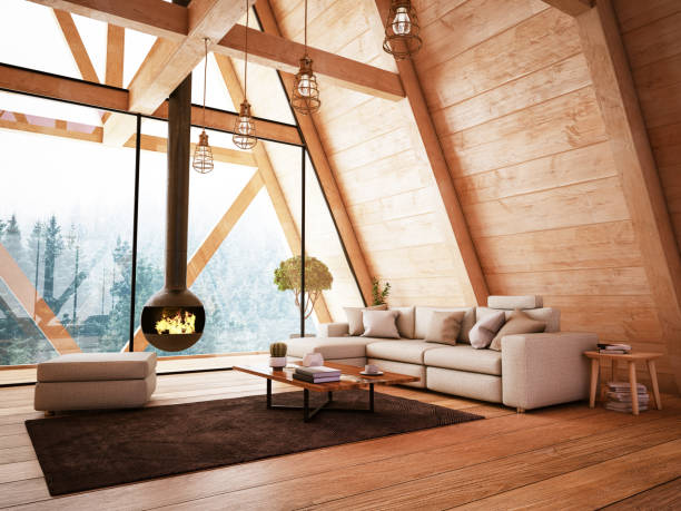 Wooden Interior with Funiture and Fireplace Wooden Interior with Funiture and Fireplace. 3D Render roof beam stock pictures, royalty-free photos & images